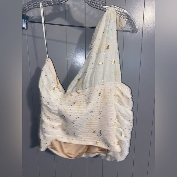 Torrid Foil Chiffon one shoulder crop top Ivory & Gold accents - Picture 4 of 4